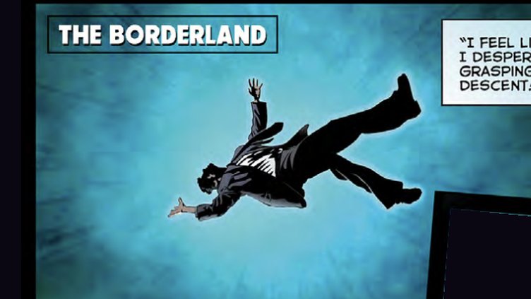 Interdimensional, the comic panel: a man in a dark suit falls through a blue sky