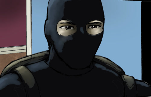 Original page 1 panel: a masked intruder in a balaclava looks straight at the reader