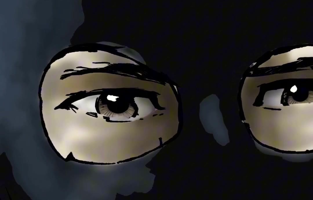 Generated frame: the same masked face in close-up, eyes matching the panel's linework