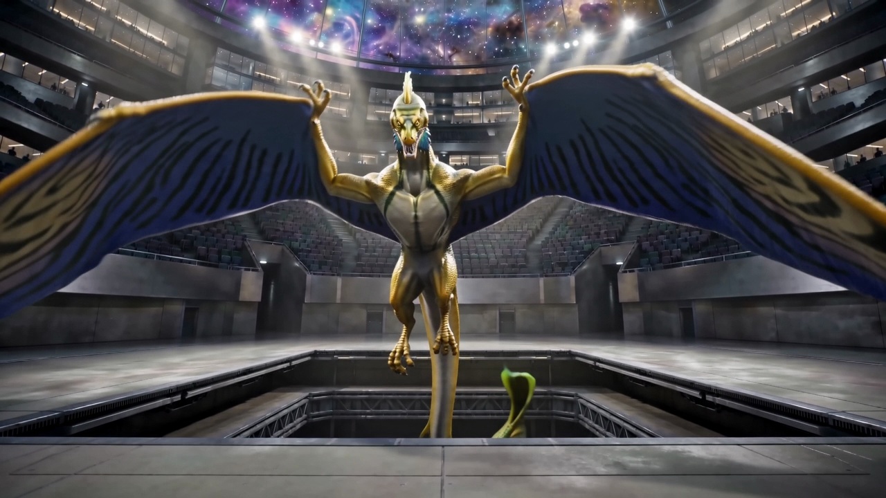 Final rendered frame: the Yangzan Dragon in scene, wings spread in an arena