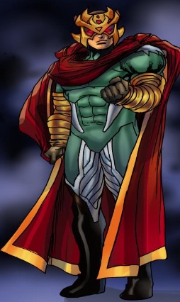 Original published character art of Genesis, a green-skinned warrior in a horned gold helm and red cape